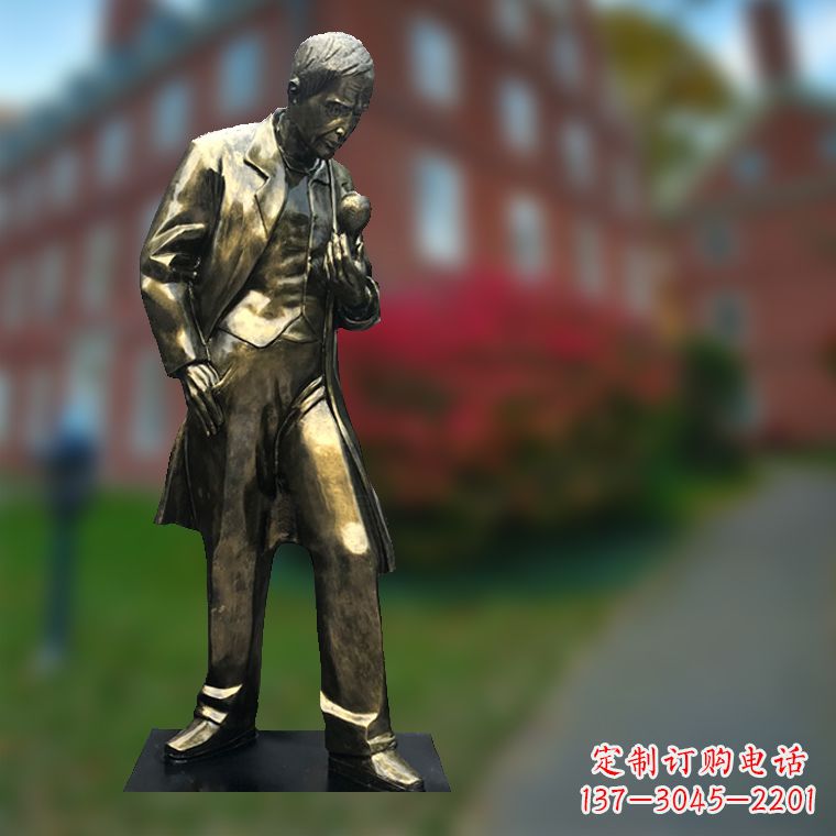 达州爱迪生与灯泡-玻璃钢仿铜校园名人全身雕塑