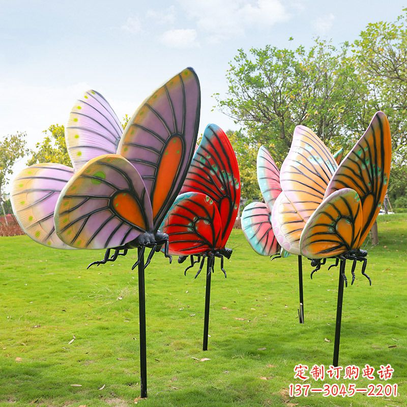 达州玻璃钢仿真蝴蝶插件,公园园林草地动物雕塑摆件