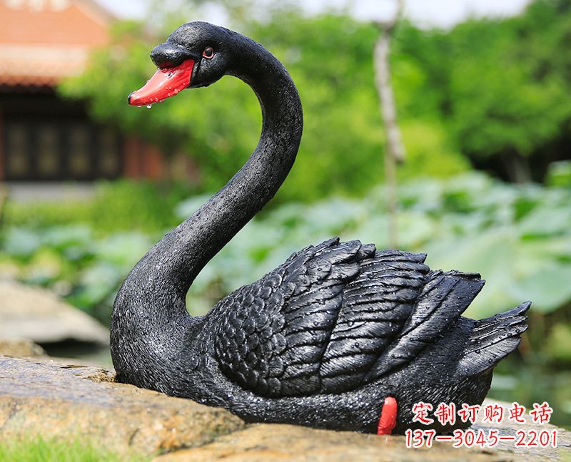 达州玻璃钢雕刻的黑色天鹅——美丽宁静的公园园林摆件