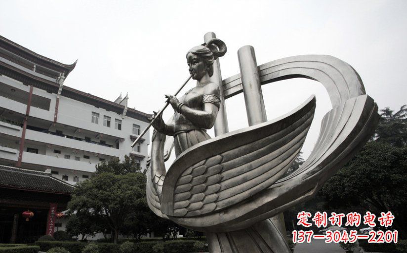 达州古典美女不锈钢吹笛子雕塑