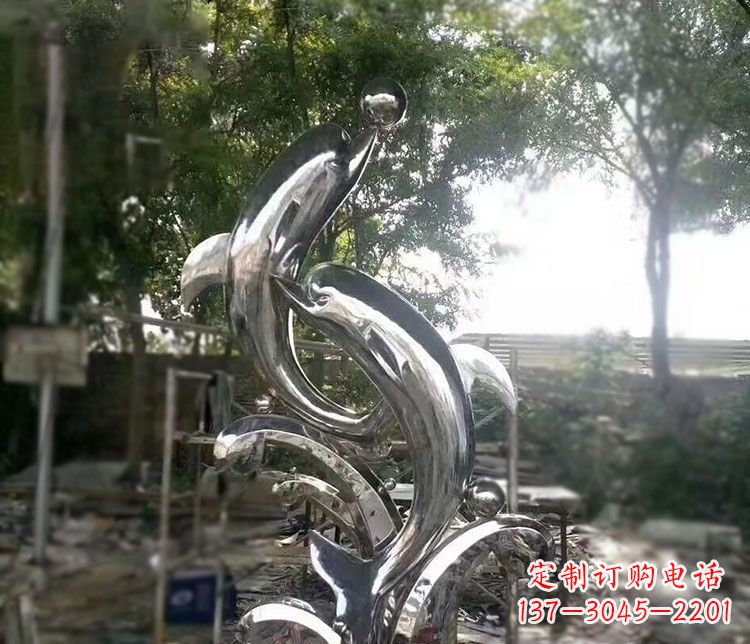 达州不锈钢海豚顶球雕塑