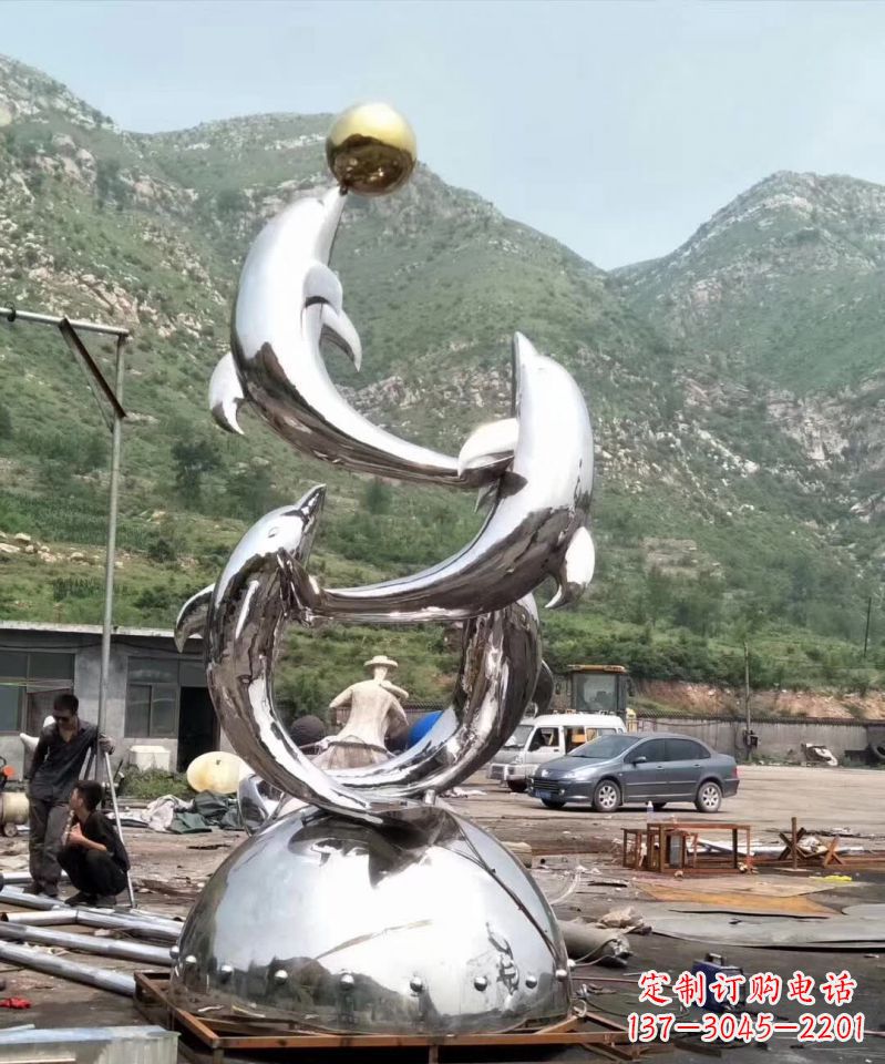 达州不锈钢海豚顶球雕塑1