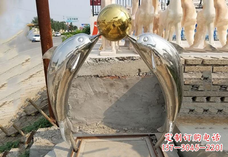 达州不锈钢海豚顶球雕塑