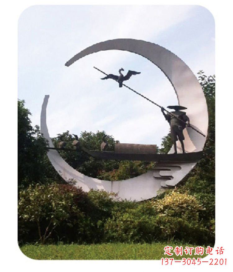 达州不锈钢鸬鹚和渔翁雕塑