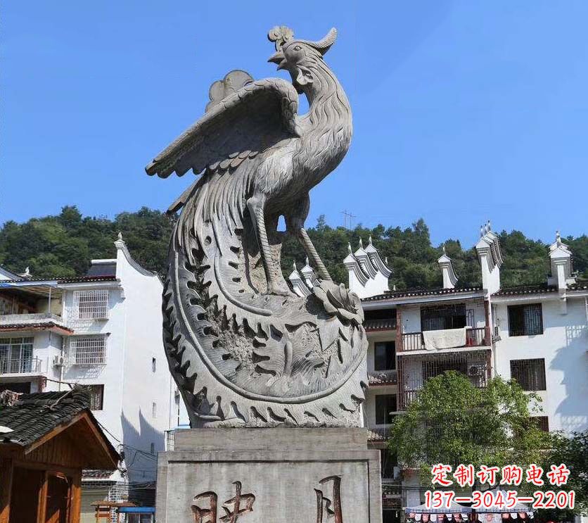 达州城市景点凤凰石雕,青石石刻神兽雕塑