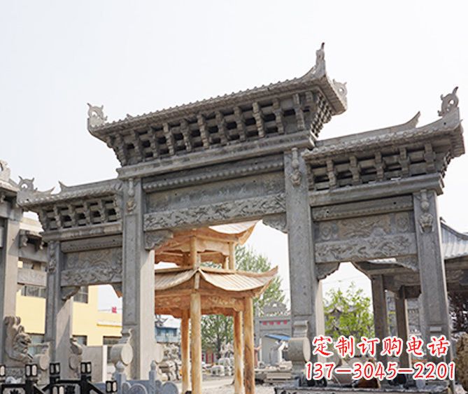 达州村庄大理石三门牌坊石雕