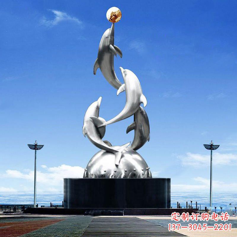 达州大型不锈钢海豚雕塑-学校文化动物景观雕塑
