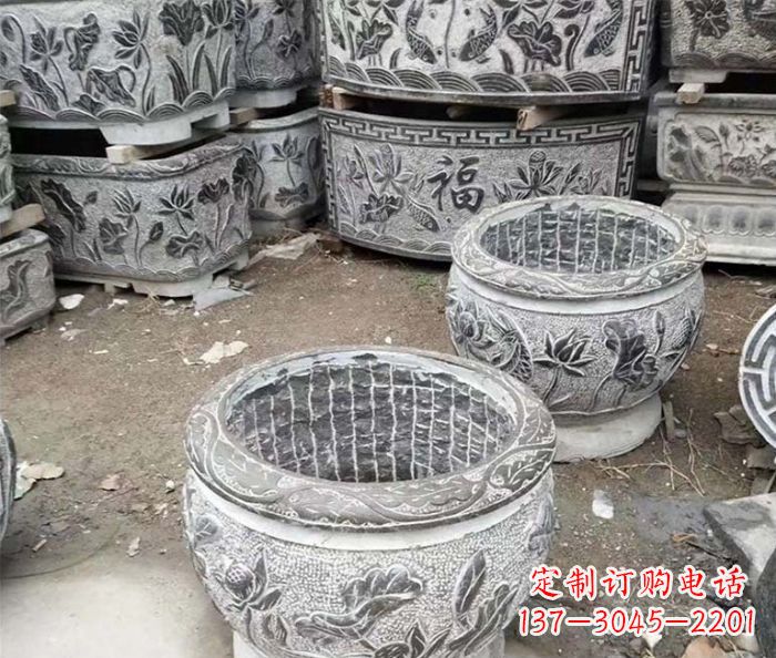 达州仿古荷花石浮雕水缸塑像