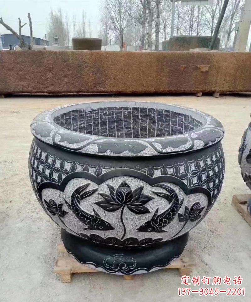 达州仿古石雕荷花鲤鱼水缸