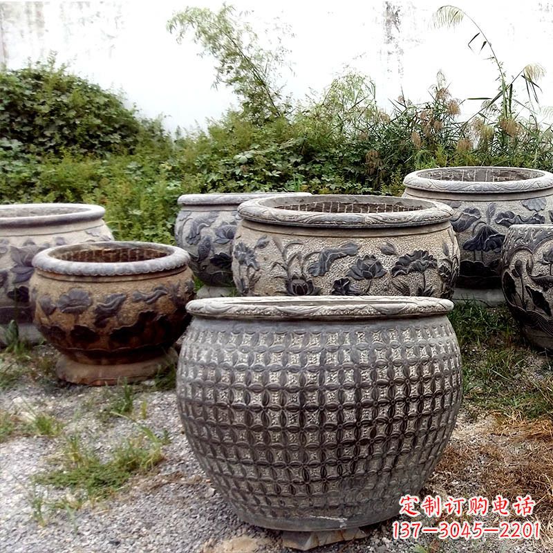 达州仿古石雕花盆水缸——精美艺术家品
