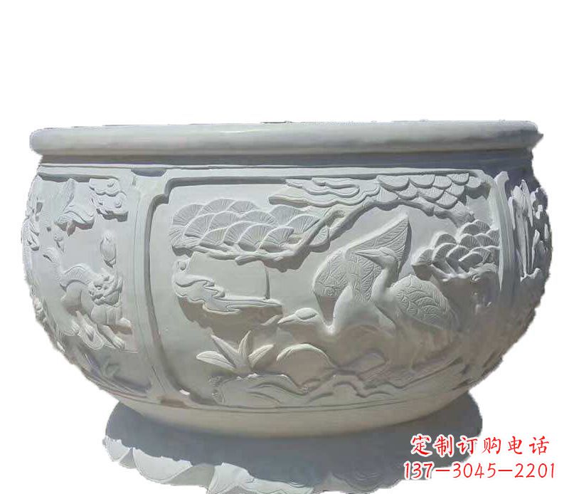 达州仿古鱼缸石雕花盆摆件