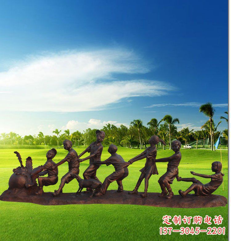 达州公园拔萝卜儿童玻璃钢仿铜雕塑