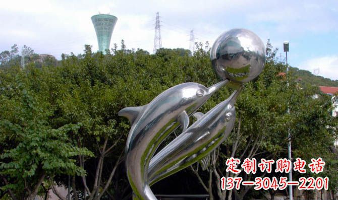 达州高贵静谧的不锈钢海豚顶球雕塑