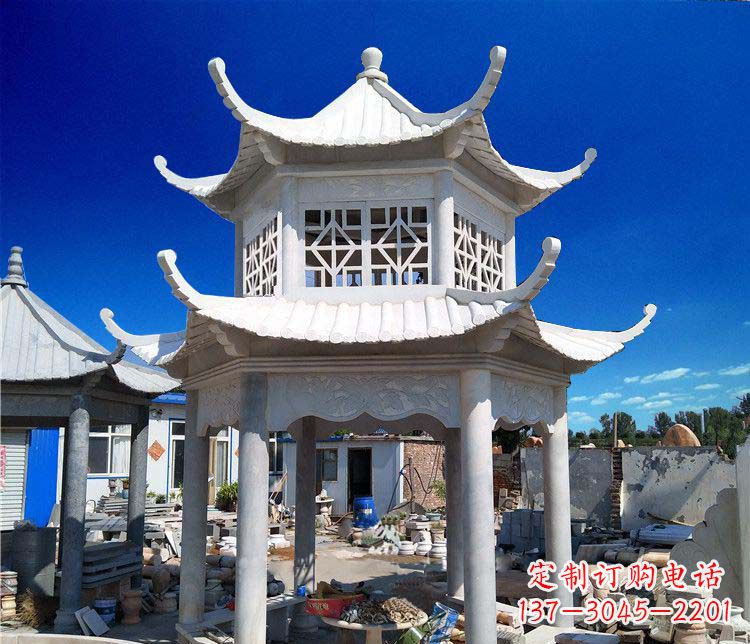 达州公园大理石六角石雕双层凉亭