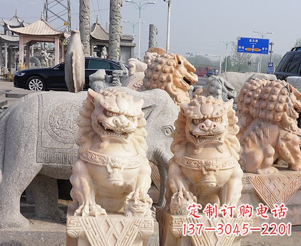 达州公园动物晚霞红狮子石雕