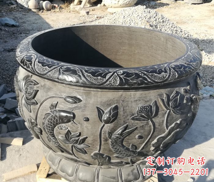 达州青石仿古雕塑荷花水缸