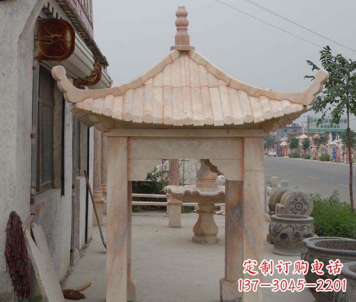 达州精美红六角石凉亭雕塑