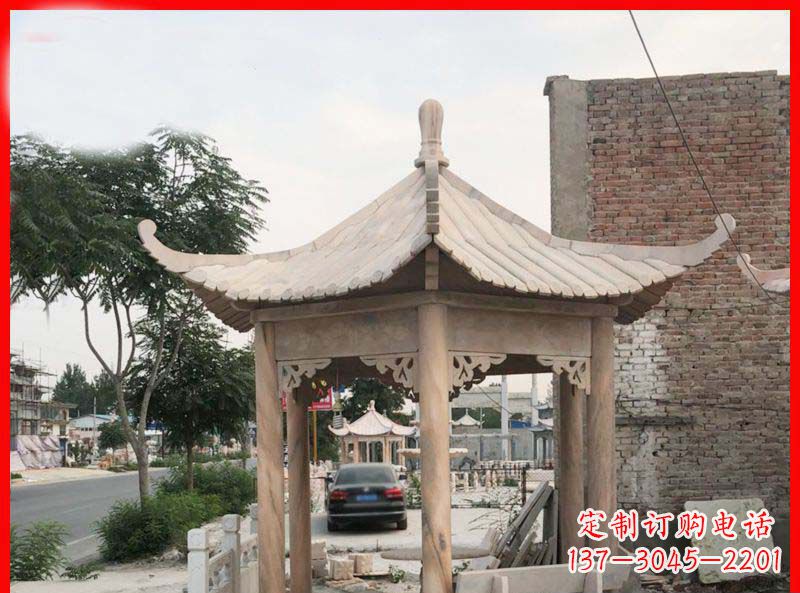 达州公园晚霞红六角石凉亭雕塑