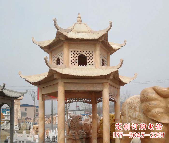 达州红双层六角石凉亭雕塑