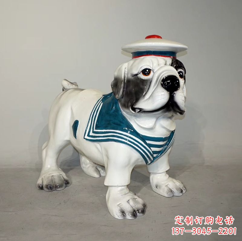 达州海军玻璃钢仿陶瓷斗牛犬狗雕塑