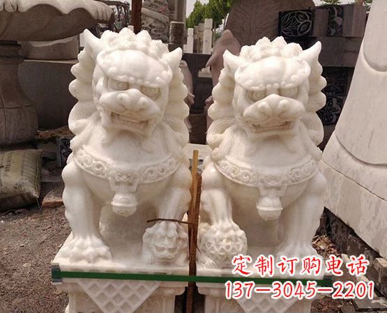 达州汉白玉踩绣球狮子石雕_2