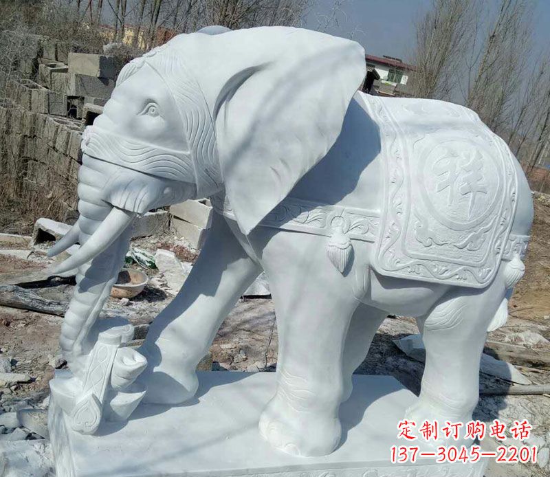 达州汉白玉吉祥门口鼻卷如意大象石雕