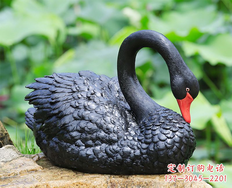 达州黑色曲颈天鹅雕塑-玻璃钢公园水景动物摆件
