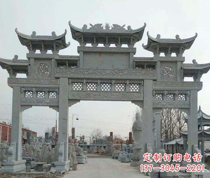 达州三门牌坊石雕,精美汉风石雕装饰景区