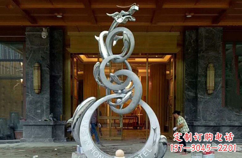 达州酒店不锈钢抽象鱼跃龙门雕塑