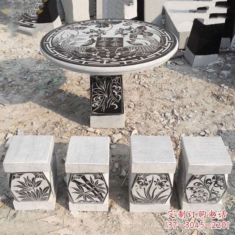 达州梅兰竹菊仿古方石桌凳雕塑,古朴典雅