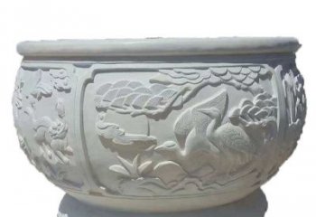 达州汉白玉松鹤延年浮雕水缸，带给您无尽的岁月美景