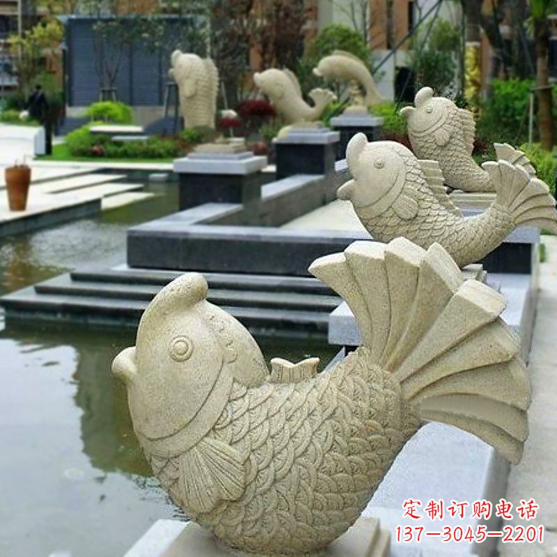 达州喷水鱼砂岩石雕-园林水池雕塑