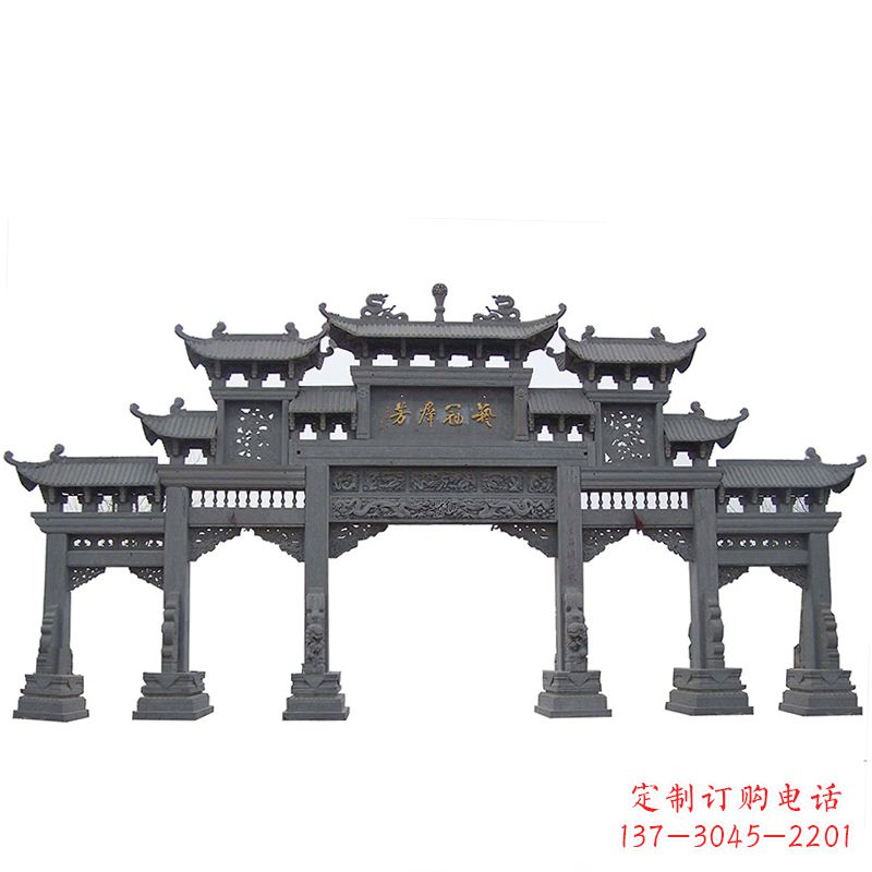 达州传承千年历史青石仿古五门石雕牌楼