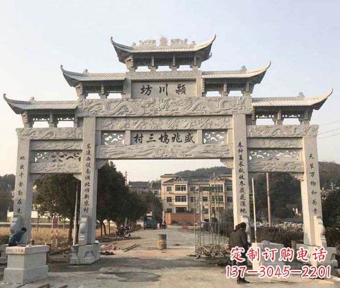 达州三门五楼大理石牌坊石雕