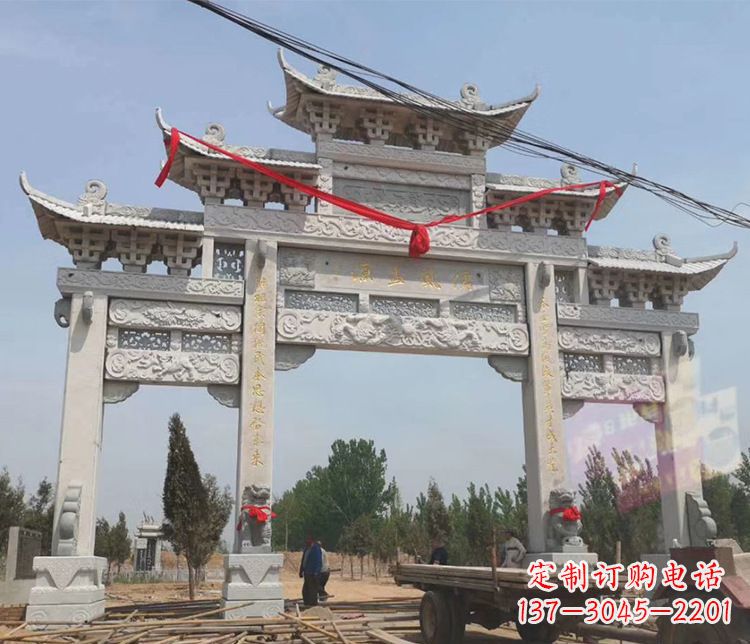 达州三门五楼大理石牌坊石雕_2