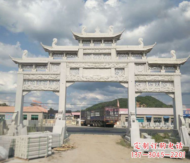 达州三门五楼大理石牌坊石雕_1