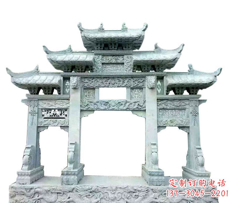 达州三门五楼仿古牌坊石雕 (2)