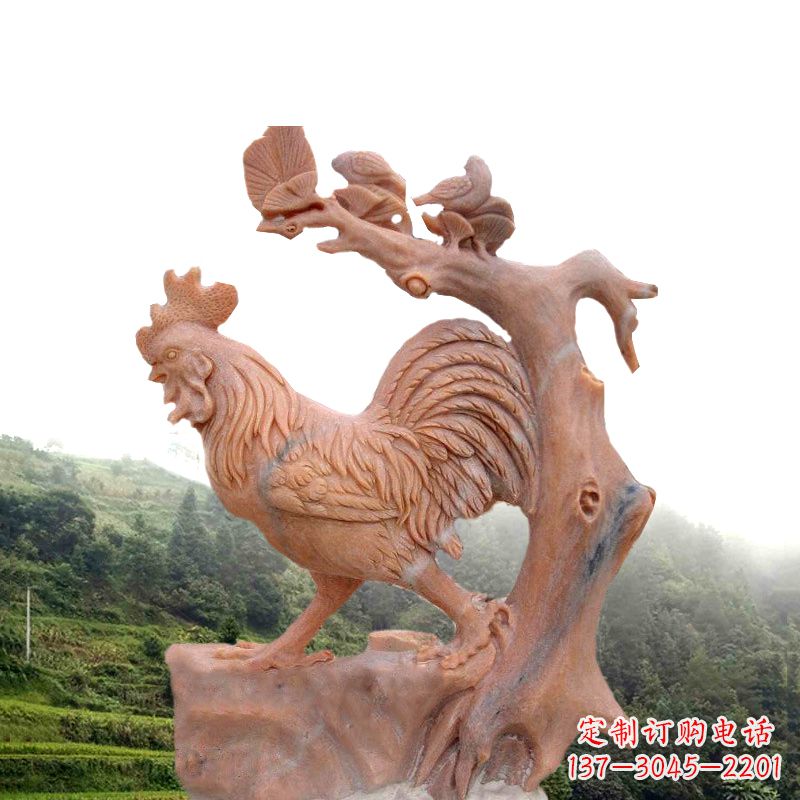 达州生肖动物酉鸡晚霞红石雕