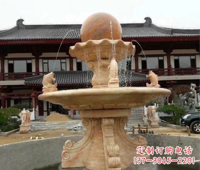 达州双层风水球喷泉晚霞红石雕