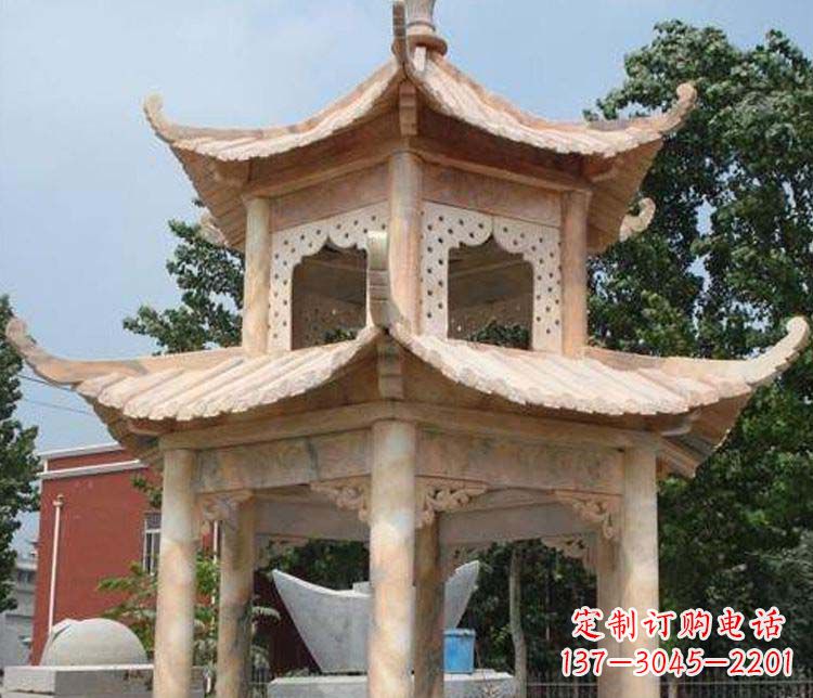 达州双层晚霞红凉亭石雕