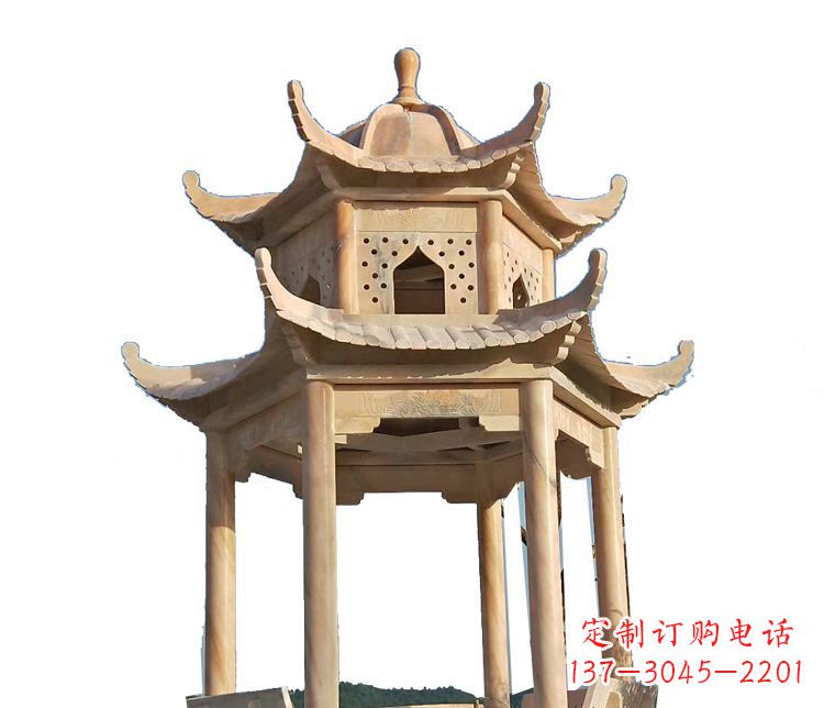 达州双层晚霞红凉亭石雕 (2)