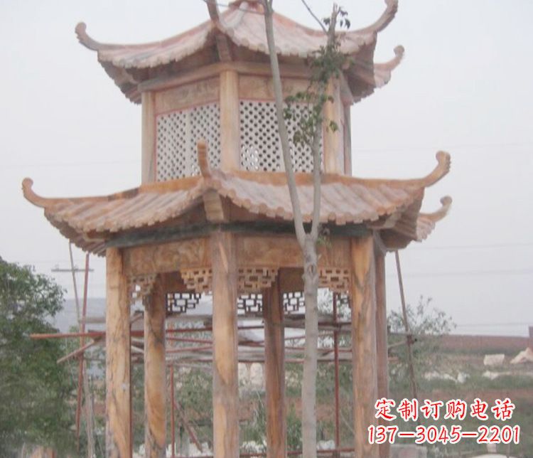 达州双层晚霞红石凉亭石雕 (2)