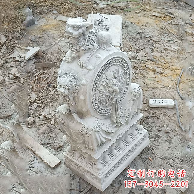 达州双龙石雕门墩汉白玉狮子头