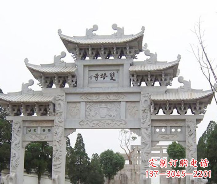 达州寺庙三门牌坊石雕 (2)