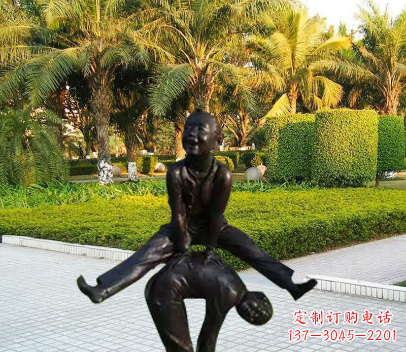 达州跳山羊的儿童铜雕