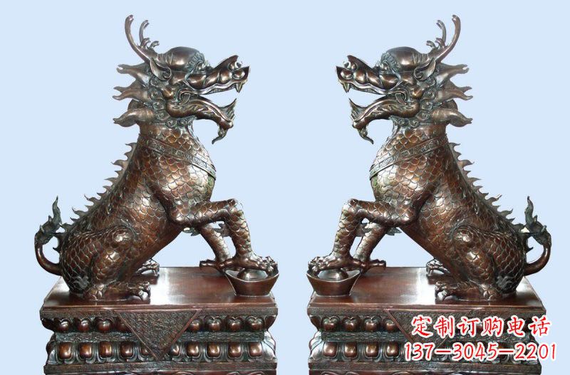 达州铜雕踩元宝招财麒麟