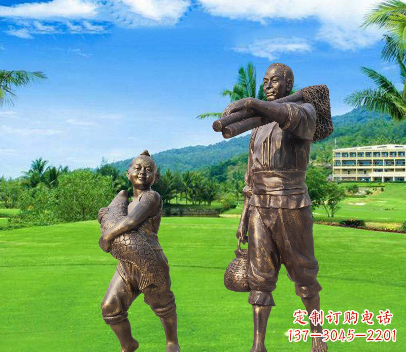 达州铜雕渔民父子人物雕塑