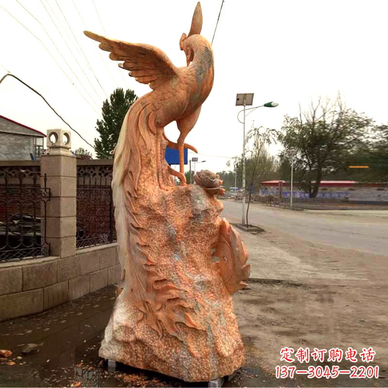 达州晚霞红大理石瑞鸟凤凰雕塑