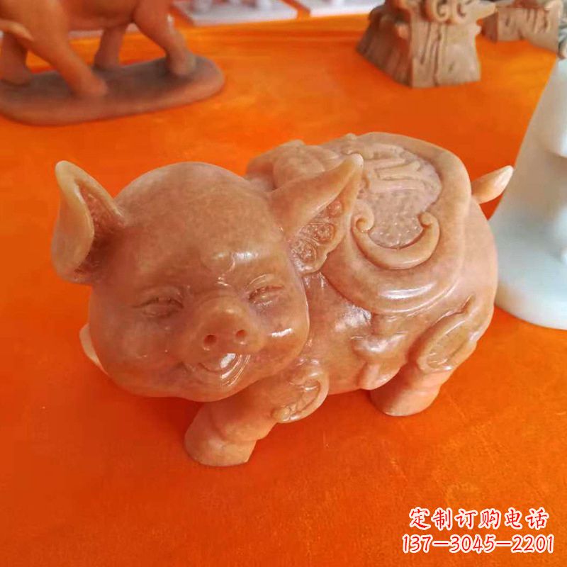 达州晚霞红大理石招财猪雕塑-企业商场创意生肖动物风水摆件