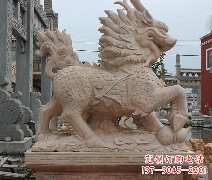 达州晚霞红古代神兽麒麟石雕